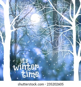 vector illustration. Winter background with blurry photos and silhouettes of trees