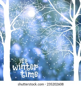 vector illustration. Winter background with blurry photos and silhouettes of trees