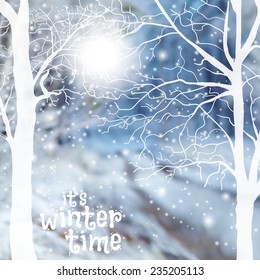 vector illustration. Winter background with blurry photos and silhouettes of trees