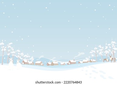 Vector illustration of winter background with copy space. Northern forest animals and village in snow landscape. postcard, greeting card