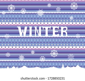 Vector illustration of winter background with handwritten word winter, snowflakes and abstract snowy landscape. Creative picture for seasonal design and decoration