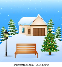 Vector illustration of Winter background with house, wood bench and christmas tree on the snow hills