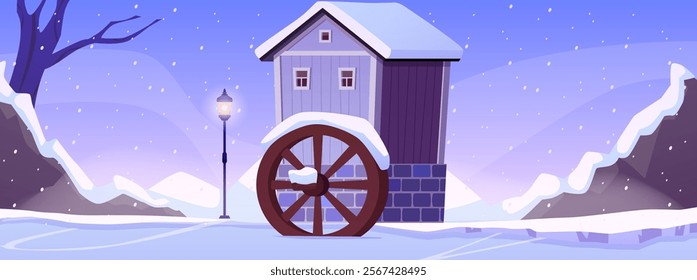 Vector illustration of winter background with old water mill in flat style. Frozen river with snow-capped hills, wooden house with brick foundation and water wheel and burning lantern. Flat style.