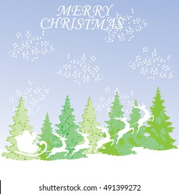 vector illustration of winter background with Santa flying with reindeer, trees, snow