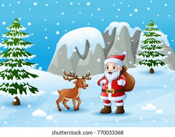 Vector illustration of Winter background with santa claus and deer
