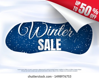 Vector illustration. Winter banner in 3D style. Snow cave. Snowdrifts. Snowfall on the back blue background. Discount sale. Calligraphic inscription. Template with shaded page effect with shadows.