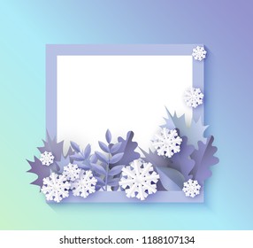 Vector illustration of winter banner with blank square shape with various decorative elements. Blue plant leaves and white falling snowflakes in paper art for seasonal layout on gradient background.