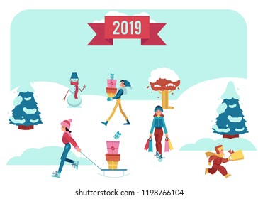 Vector illustration of winter banner with people walking on snow cover with shopping bags and gift boxes under 2019 sign for Christmas and New Year sale promotion design in flat style.