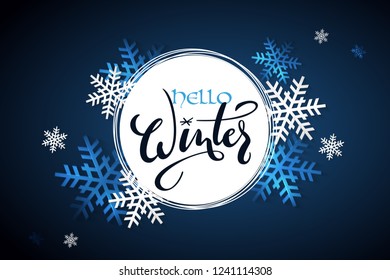 Vector illustration of winter banner template with hand lettering label - hello, winter - with snowflakes.