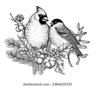 Vector illustration of winter birds on branches. Red cardinal and bullfinch in engraving style