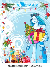 vector illustration, winter bringing gifts, card concept.