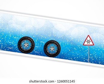 Vector illustration winter car tires and triangle road sign with snowflake