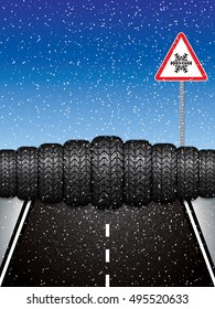 Vector illustration winter car tires and triangle road sign with snowflake