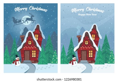 Vector illustration: Winter cartoon landscape with house and smoke from chimney, snowman and Christmas tree. Postcard with a space for text. Merry Christmas and Happy New Year.