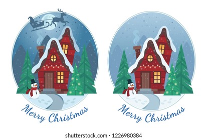 Vector illustration: Winter cartoon landscape with house and smoke from chimney, snowman and Christmas tree. Merry Christmas and Happy New Year.