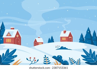 Vector illustration: Winter cartoon mountains landscape with house and smoke from chimney.
