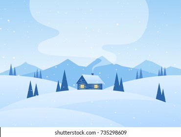 Vector illustration: Winter cartoon mountains landscape with house and smoke from chimney.