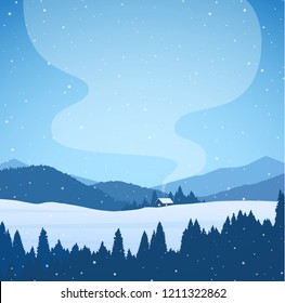 Vector illustration: Winter cartoon snowy mountains landscape with forest, house and smoke from chimney.