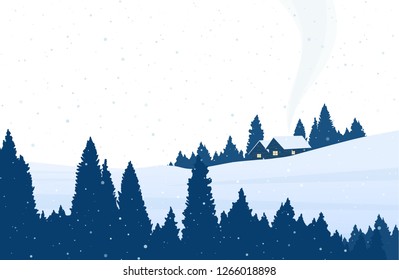 Vector illustration: Winter cartoon snowy landscape with pine forest, two houses and smoke from chimney.