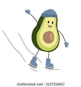 Illustration vectorielle avocat de caractère hivernal dans un chapeau, bottes et gants patins en hiver. Avocat stylisé. Impression de clips de caractères Avocado