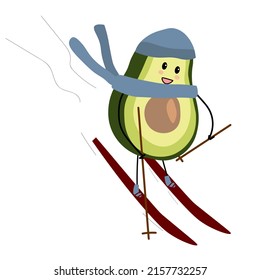 Vektorgrafik Wintercharakter Avocado Typ Skiing. Skifahren. Stylischer Avocado