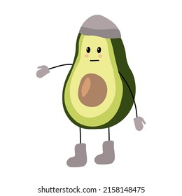 Illustration vectorielle avocat de caractère hivernal en chapeau, bottes et gants en hiver. Avocat stylisé. Impression de clips de caractères Avocado