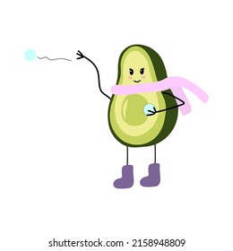 Vector ilustración personaje de invierno chica aguacate jugando bolas de nieve Juegos de invierno. Vocado estilizado en una bufanda violeta