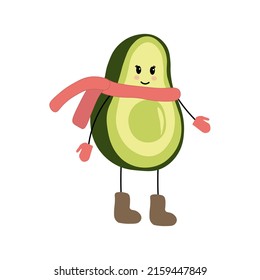 Illustration vectorielle avocatière de caractère hivernal en écharpe, bottes et gants en hiver. Avocat stylisé. Impression de clips de caractères Avocado