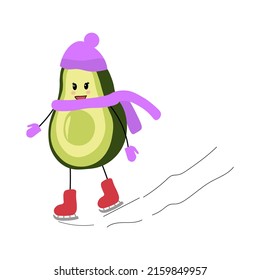Illustration vectorielle avocatière de caractère hivernal dans un chapeau, foulard, bottes et gants patins en hiver. Avocat stylisé. Impression de clips de caractères Avocado