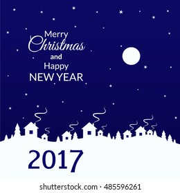 vector illustration. Winter, Christmas background, trees and houses in the village. Sky, moon and stars. 2017