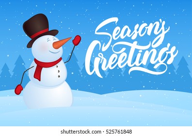 Vector illustration: Winter Christmas card with snowman and hand lettering of Season's Greetings.