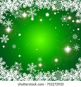 Vector and illustration of winter and christmas concept with bright green color background and white snowflakes and shiny star frame