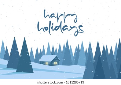 Vector illustration: Winter christmas flat landscape with cartoon house and handwritten lettering of Happy Holidays.