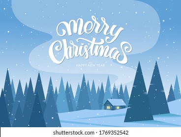 Vector illustration: Winter christmas landscape with cartoon house and handwritten lettering of Merry Christmas