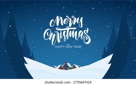 Vector illustration: Winter christmas landscape with cartoon houses and handwritten lettering of Merry Christmas