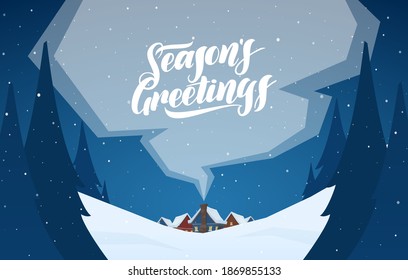 Vector illustration: Winter christmas landscape with cartoon houses and handwritten lettering of Season's Greetings.