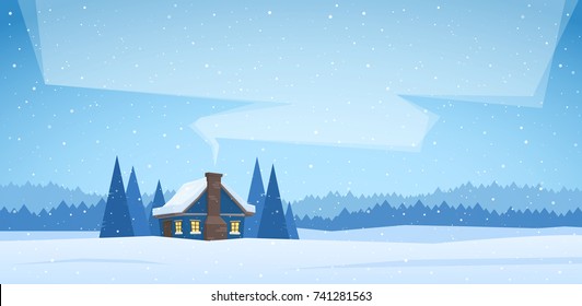 Vector illustration: Winter christmas landscape with cartoon house and smoke from the chimney. 