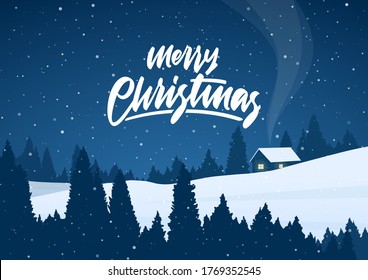 Vector illustration: Winter christmas night landscape with cartoon house and handwritten lettering of Merry Christmas