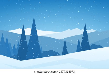 Vector illustration: Winter Christmas snowy calm Mountains landscape with pines, hills and snowflakes.