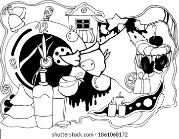 vector illustration winter illustration Christmas tree,bottle of wine,glass,candles,gift,cake,mittens,new year eve with clock and bell,graphics