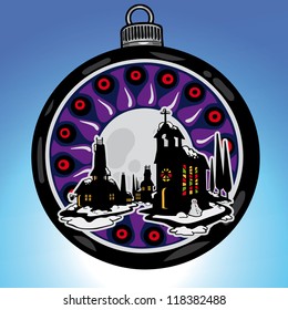 Vector illustration of winter church village, Christmas ball