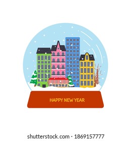 Vector illustration of winter city landscape isolated. Urban scene with classic european houses and snowfall. Snow globe in flat linear style. Snow ball with colorful architectural antique buildings