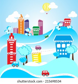Vector illustration of winter city and landscape with cars, buildings, roads and balloon