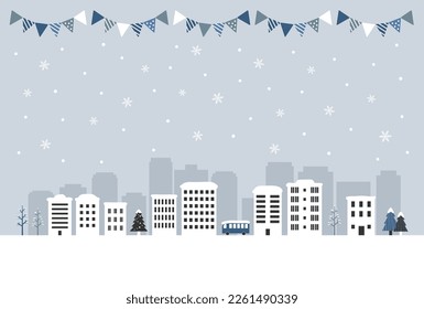 Ilustración vectorial del paisaje de la ciudad invernal sobre el fondo del cielo