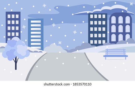 Vektorgrafik eines Winterstadtparks. Winterstädte-Landschaft. Winterschneeweißer Weihnachtshintergrund