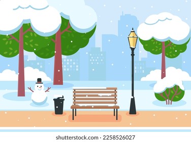 Vector illustration of winter city park with snow and big modern city background. Bench in winter city park, winter holidays concept in flat