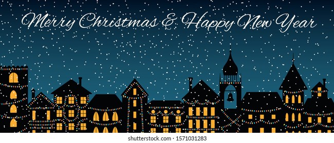 Vector illustration of the winter city skyline, with lights, falling snow, text Merry Christmas and Happy New Year. Flat style design. Concept for holiday celebration, background, card, poster, banner