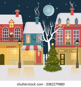 Vector illustration of a winter city street with soft street lights at night in snowfall with a red Christmas shop. Urban Christmas landscape.