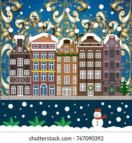 Vector illustration. Winter city with trees, cute houses, sun. Winter nature landscape. Fabric print. Fir-trees.