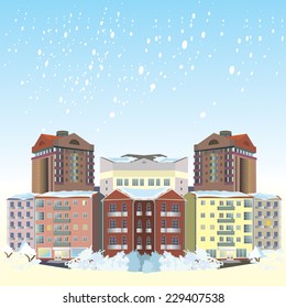 Vector illustration of a winter cityscape apartment buildings, shops, trees, falling snow.